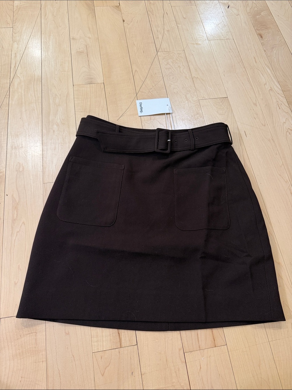 NWT Darling Dark Brown Belted Patch-Pocket Mini Skirt
